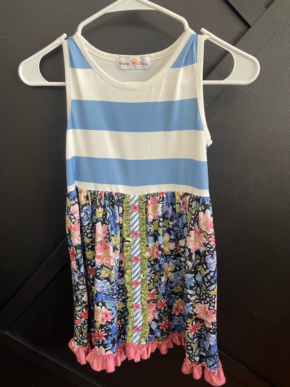 Oopsie Daisy- Girls Blue & White Stripe Bodice Floral Dress